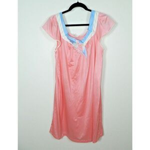 Vanity Fair Nightgown Size Large Pink Blue‎ Nylon Vintage Cap Sleeve